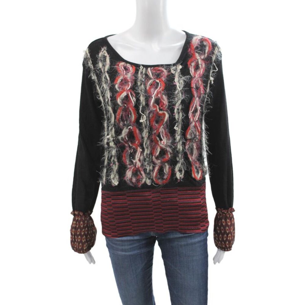 Save The Queen Womens Bohemian Striped Black Scoop Neck Pullover Sweater Size M